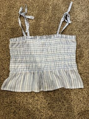 The Impeccable Pig Light Blue & White Striped Smocked Tie-Shoulder Tank